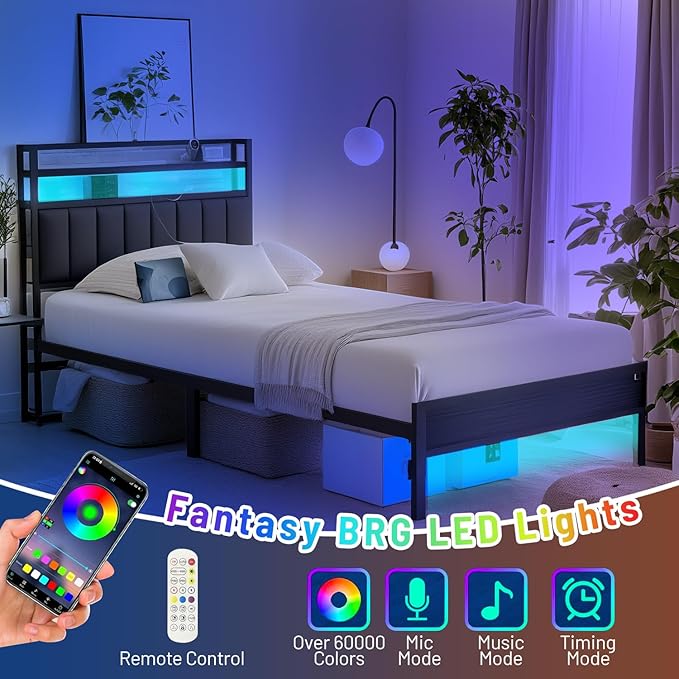 Twin Bed Frame with Headboard,Classic Metal Platform Bed Frame-LED Bed Frame with USB Charging Station,Mattress Foundatione-Under Bed Storage,No Box Spring Needed,Noise Free