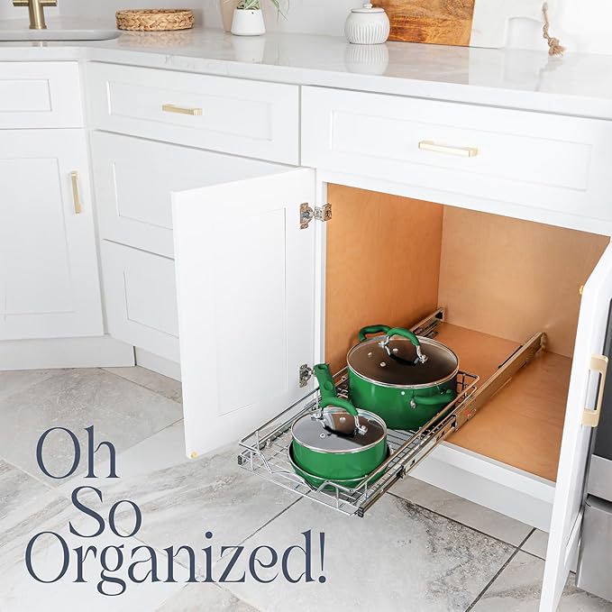 HOLD N' STORAGE Pull Out Cabinet Organizer, Heavy Duty-w/Lifetime Limited Warranty -11”W x 17”D-Requires At Least 12-1/4” Cabinet Opening, Steel Metal Cabinet Drawers Slide Out, Chrome Finish