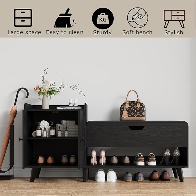 50" Entryway Shoe Bench with Hidden Storage,Shoe Organizer Storage Bench with Shelf and Cabinet Entryway Bench for Bedroom Living Room and Hallway