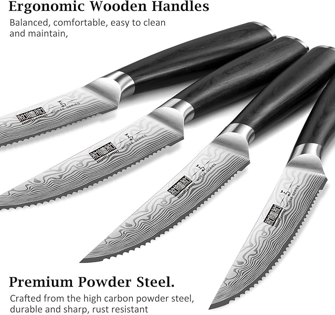 Steak Knives Set of 6, 4.5 Inch Japanese Serrated Steak Knife Set, Ultra Sharp High Carbon Powder Steel Steak Knife with Pakkawood Handle