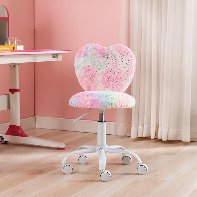 Cute Fuzzy Kids Chair for Teenage Girls - Rolling Study Desk & Computer Task Chair with Adjustable Heart Shaped Reading Vanity Seat, Colorful