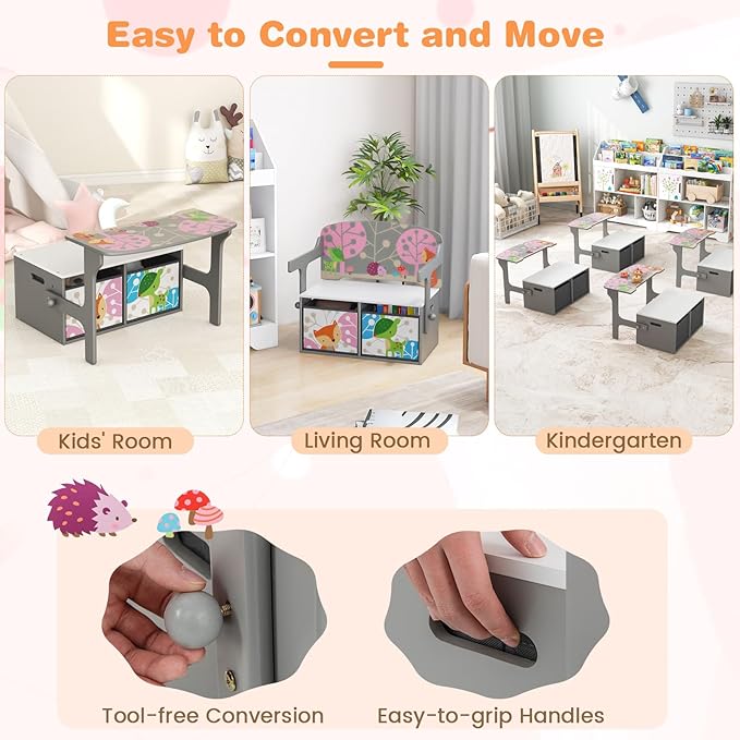 HONEY JOY Kids Table and Chair Set, 3-in-1 Convertible Wooden Toy Storage Bench with Handle, 2 Bins for Kids Reading Nook, Toddler Table and Chair Set for Daycare Playroom Classroom (Gray)