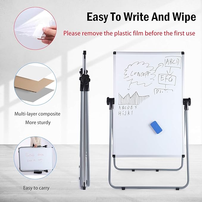 Stand White Board, Double Sided Magnetic Dry Erase Board Height Adjustable Whiteboard with Sturdy Aluminum Frame for Home Office Classroom, 36 x 24 Inch