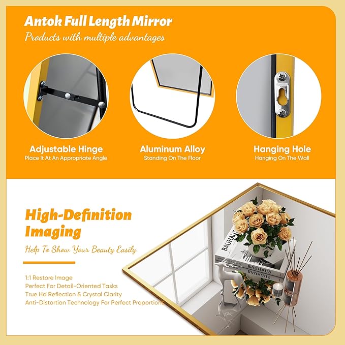 Antok Mirror Full Length, 76"x34" Big Floor Mirror, Oversized Full Body Mirrors with Stand for Bedroom, Living Room Cloakroom, Gold, Rect Corner Style