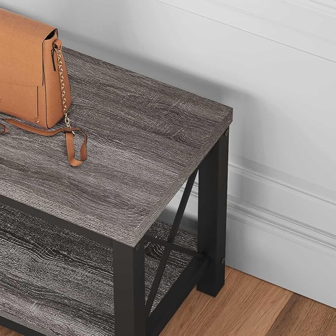 BON AUGURE Entryway Bench, Wood Metal Shoe Rack Bench for Indoor, Industrial Storage Benches for Bedroom, Mudroom, Foyer (47 inch Wide, Dark Grey Oak)