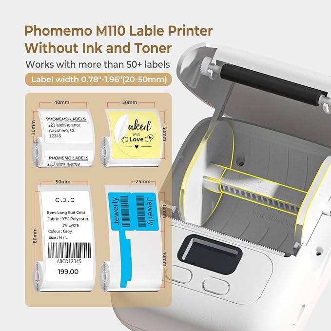Phomemo M110 Label Makers - Portable Bluetooth Thermal Label Maker Machine,Label Printer for Name, Barcode, Clothing, Jewelry, Retail, Mailing, for Android & iOS, with 1Pack 40×30mm Label, White