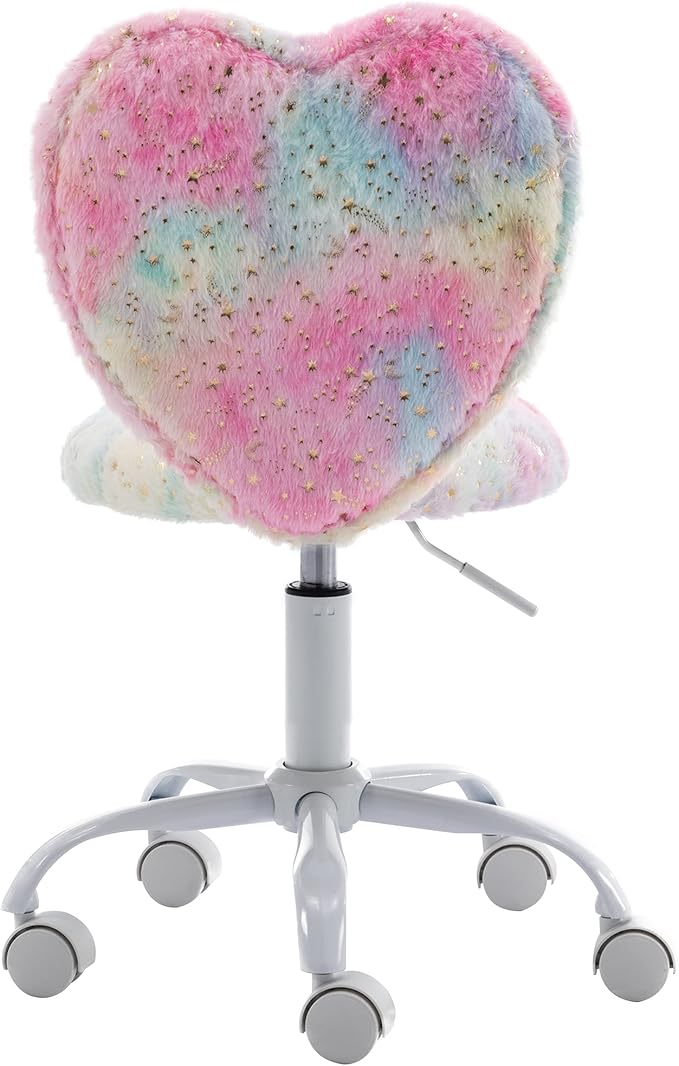 Small Kids Chair, Cute Heart Girls Desk Chair, Rolling Study Chairs Furry Pink Computer Chairs, Faux Fur Swivel Vanity Chairs for Children Bedroom/Study, Colorful