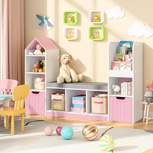 Kids Bookcase and Bookshelf with Reading Nook, Toy Storage Organizer for Kids, Pink Bookcase with 7 Storage Cubbies 2 Movable Drawers and Seat Cushion for Kids Room, Playroom, Bedroom