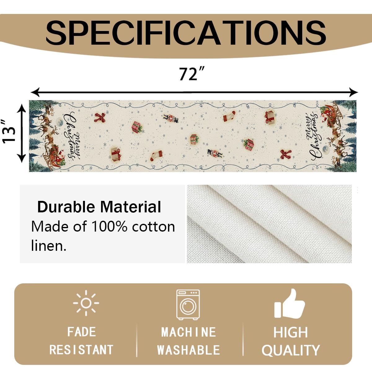 RABUSOFA Merry Christmas Table Runner 13 x 72 Inch, Santa Claus Sleigh Reindeer Seasonal Winter Xmas Holiday Kitchen Dining Table Decoration for Indoor Outdoor Home Party Decor Blue