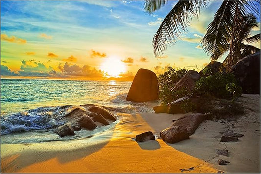 XXMWallArt FC1369 Canvas Wall Art Tropical Beach at Sunset Seascape Picture Paintings Artwork Prints Framed Ready to Hang for Home Office Bedroom Living Room Bathroom Kitchen Wall Decor