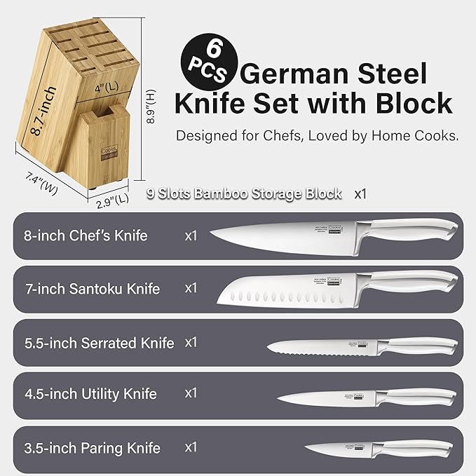 Cooks Standard Kitchen Knife Set with Block 6-Piece, Stainless Steel Forge High Carbon German Blade with Expandable Bamboo Storage Block for Extra Slots, White