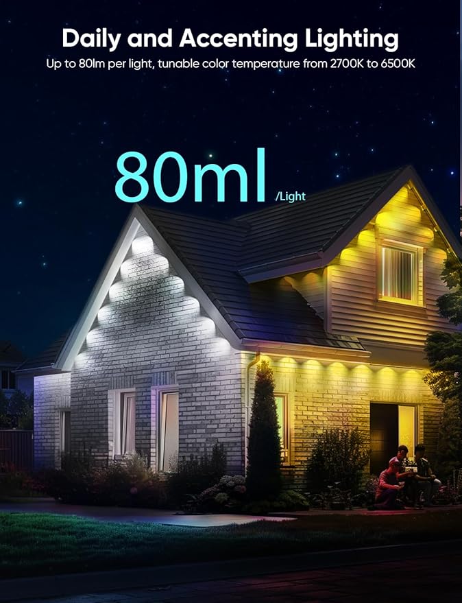 APPECK Permanent Outdoor Lights Pro 100ft, 72W RGBCW Eaves Lights with 72 LED Lights, 80lm, Cuttable, 111 Scene Modes, IP67 Waterproof Lighting for Christmas Decoration, Compatible with Alexa, White