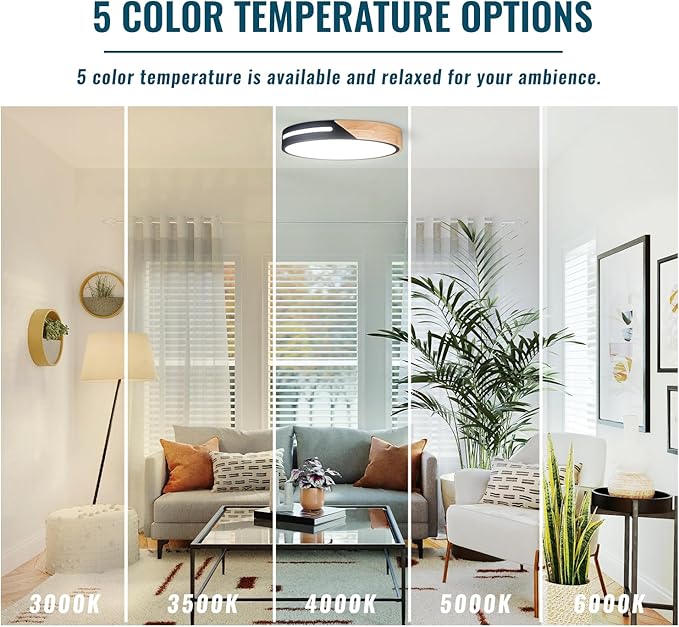 Black and Wood Flush Mount Ceiling Light Fixture Set of 2, Dimmable LED Ceiling Light Black, Modern Light Fixture Ceiling Mount for Bedroom, Living Room, Kitchen, Bathroom, Hallway