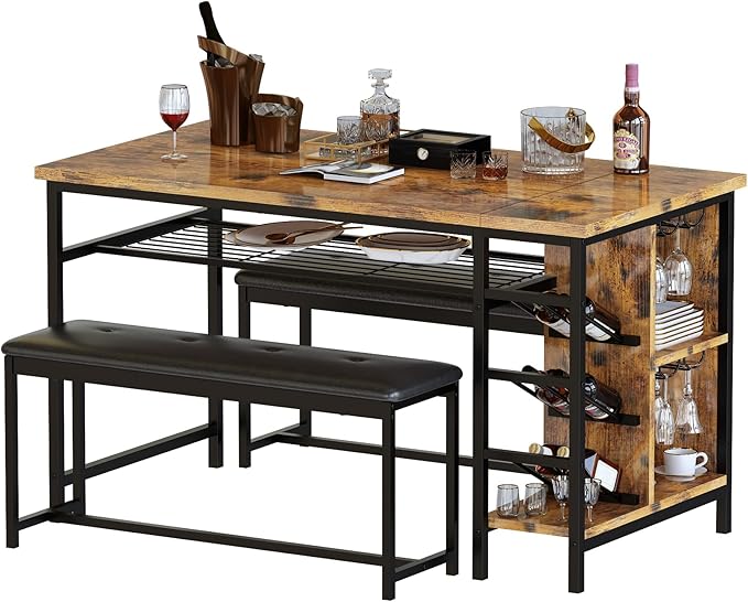 AWQM Space Saving Dining Table Set for 2-4 People, 53" Kitchen Table with 2 Upholstered Bench, Dinner Table with Wine Rack Glass Holder and Storage Shelf, 3-Piece Dinette Table for Small Apartment