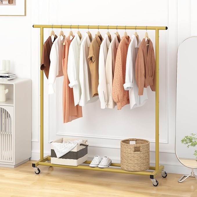 Buzowruil Metal Rolling Clothing Rack Adjustable Freestanding Garment Organizer with Wheels, Space-Saving Design for Home, Closet, Office, or Retail, Gold