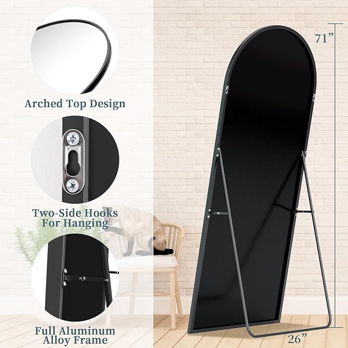 Full Length Mirror with Stand, 71"x26" Arched Full Body Mirror, Large Stand Up Mirrors, Aluminum Frame Floor Standing Mirrors, Freestanding Hanging Leaning Mounted for Bedroom Living Room, Black