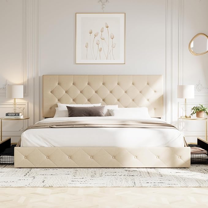 Allewie Upholstered King Size Platform Bed Frame with 4 Storage Drawers and Headboard, Diamond Stitched Button Tufted, Mattress Foundation with Wooden Slats Support, No Box Spring Needed, Beige