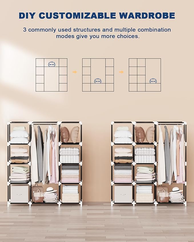 Mavivegue Portable Closet, Wardrobe Closet Organizer with Cover, 3 Hanging Rods and Shelves,Large Capacity for Bedroom, Living Room (Black, 59" W x 18" D x 64" H)