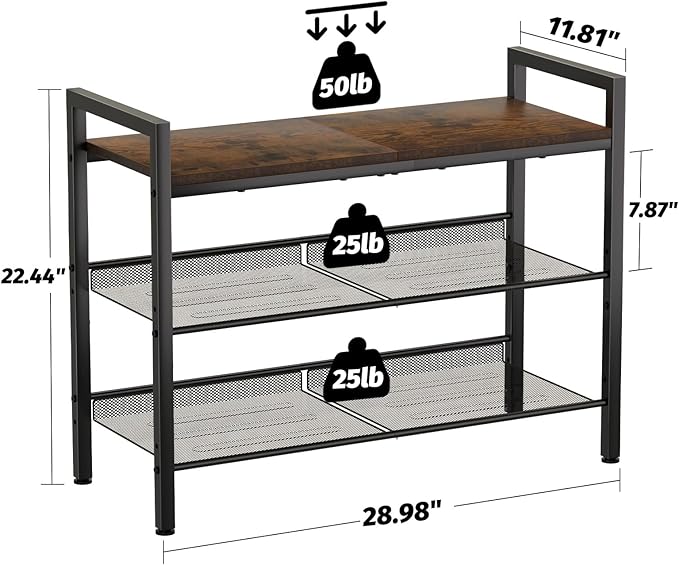 Shoe Rack for Front Door Entrance, 3 Tier Shoe Rack for Entryway, Shoe Shelf for Closet, Metal Shoe Rack Organizer with Sturdy Wooden Top & Steel Frame,(Black+Rustic Brown)