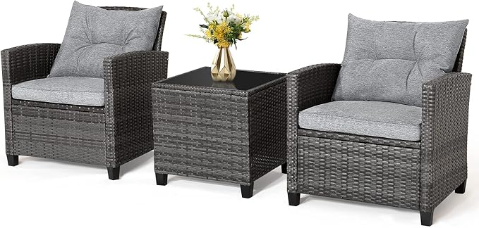 RELAX4LIFE Wicker Patio Furniture Sets - 3 Pieces Rattan Sofa Set, Outdoor Conversation Set with Tempered Glass Tabletop, Heavy-Duty Steel Frame, Wicker Chair Set for Poolside, Backyard, Grey