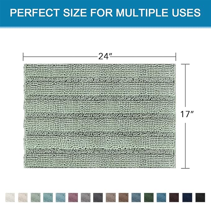 H.VERSAILTEX Bath Mats for Bathroom Non Slip Thick Chenille Striped Bath Rug Absorbent Fluffy Soft Shaggy Rugs Washable Dry Fast Plush Mats for Indoor, Bath Room, Tub - 17" x 24", Sage
