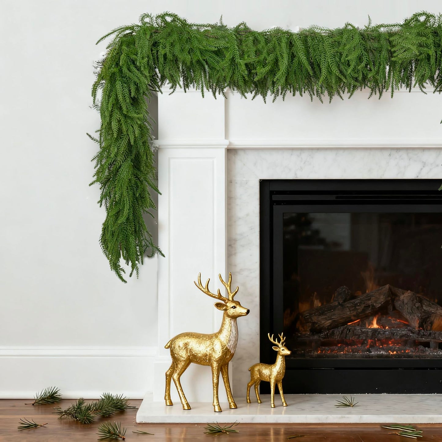 SWNAWE 2PCS Artificial Christmas Norfolk Pine Garlands, Real Touch Pine Garland Faux Greenery Winter Garland for Mantle Fireplace Stairs Table Wall Home Xmas Holiday Indoor Christmas Decorations