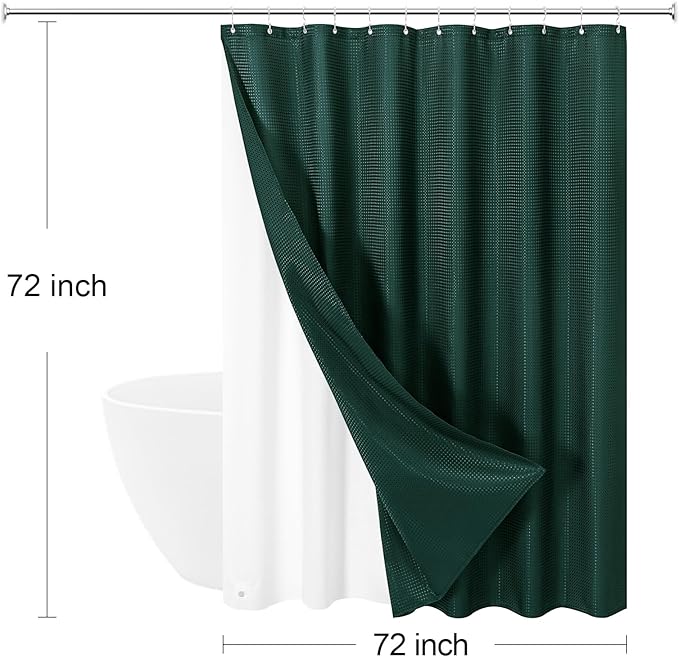 3 in 1 Shower Curtain Set, Dark Green Waffle Shower Curtain and PEVA Liner Set with 12 Stainless Steel Shower Curtain Hooks, Waterproof Shower Curtains for Bathroom, 72 W x 72 H