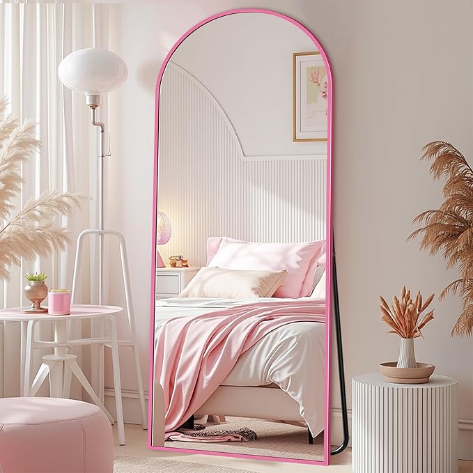 Full Length Mirror with Stand, 58"x18" Arched Full Body Mirror, Large Stand Up Aluminum Frame Floor Freestanding Hanging Leaning Mounted for Bedroom Living Room Entryway Pink