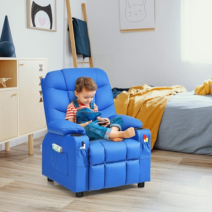 Kids Recliner, Kids Recliner Chair w/ 2 Cup Holders, PU Leather Kids Chairs Compy w/Adjustable Backrest & 3 Pockets, Toddler Furniture Sofa for Boys Girls Aged 3+ (Blue)