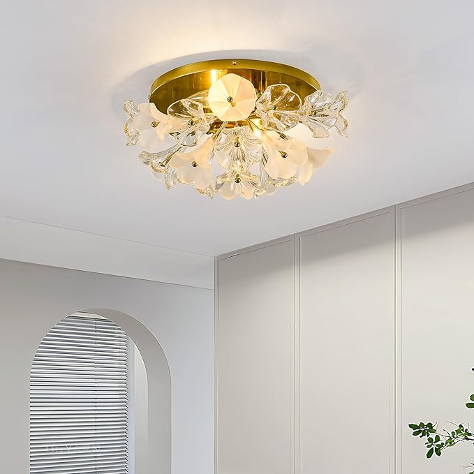 2-Light Modern Glass Flush Mount Ceiling Light Fixture Vintage Gold Chandelier Metal E12 Ceiling Lamp for Farmhouse Hallway Bedroom Kitchen Living Room Closet