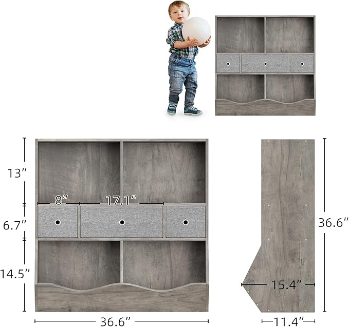 3-Tier Kids Bookshelf & Toy Storage Organizer - Wooden Bookcase with 3 Drawers, 4 Cubby Shelves, Anti-Tip Safety Design - Nursery, Playroom, Children's Room -2 Set Grey