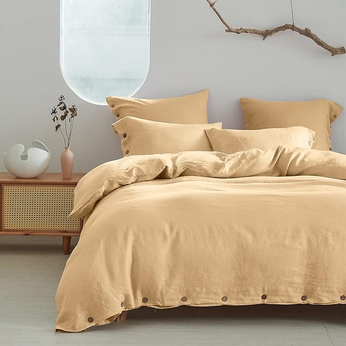 Simple&Opulence 100% Washed Linen Euro Sham Cover, 26 x 26 Inch, Decorative Bed Pillow Cover with Coconut Button, Solid Color Pillow Shams Set of 2 (Sand)