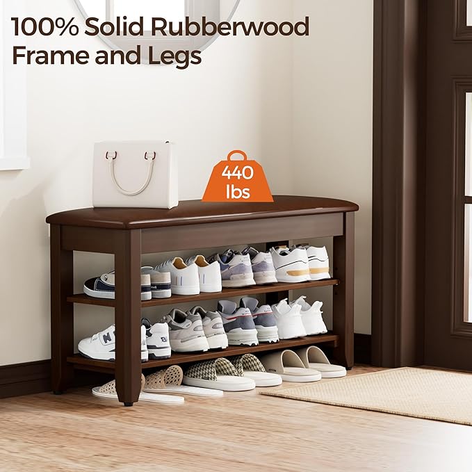 Shoe Rack Bench with Flip-Top Storage, Solid Wood Entryway Bench with Cushion, Adjustable Shelf, for Hallway, Mudroom, Closet – Walnut, 31.5"