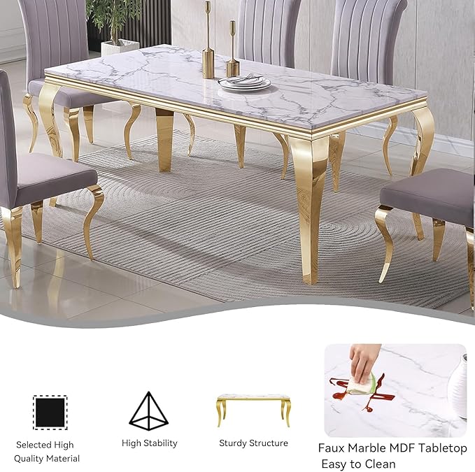 70" Marble Dining Table Set for 6, Modern 7 Piece Dining Room Table Set with White Faux Marble Dining Table & 6 Grey Velvet Upholstered Chairs, Luxury Gold Kitchen Table Chairs Set of 6