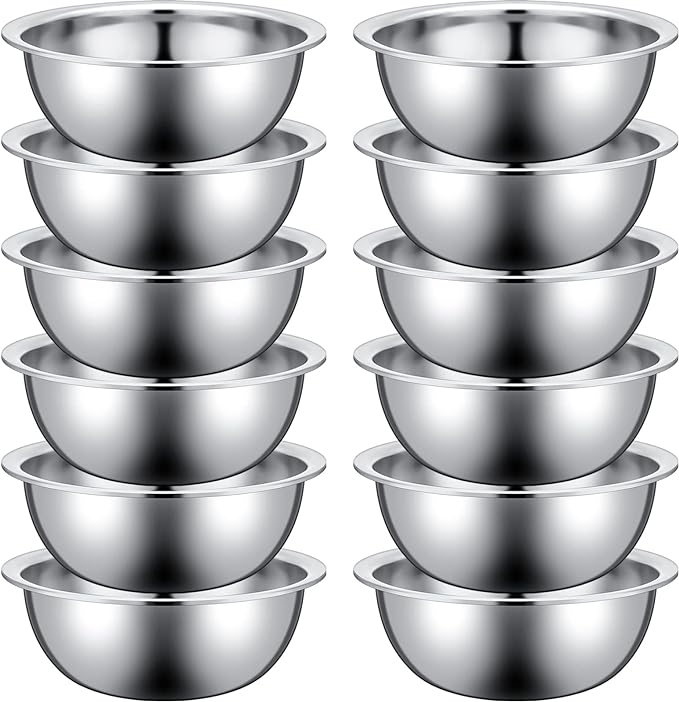 Pinkunn Set of 12 Stainless Steel Mixing Bowls, Nesting Metal Prep Salad Bowl Bulk Kitchen Large Reusable Baking Food Container for Hotel Restaurant Home Cooking, Silver(11.8 x 3.74 Inch)