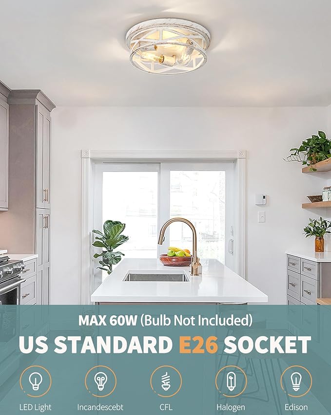 2 Pack Close to Ceiling Light Fixtures, 3-Lights Cage Flush Mount Ceiling Light, 13 Inch White and Gold Semi Flush Mount Ceiling Light for House Bedroom Laundry Hallway Kitchen