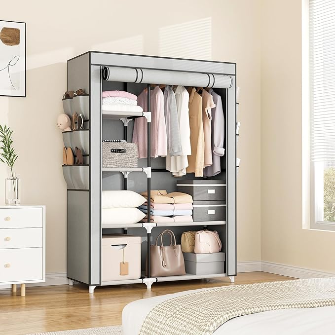 VTRIN Wardrobe Closet, 41.7 Inch Wide Portable Closets for Hanging Clothes with 1 Hanging Rod, 6 Shelves, 6 Pockets, Clothes Rack with Cover Portable Wardrobe Closet for Bedroom, Dorm, Grey