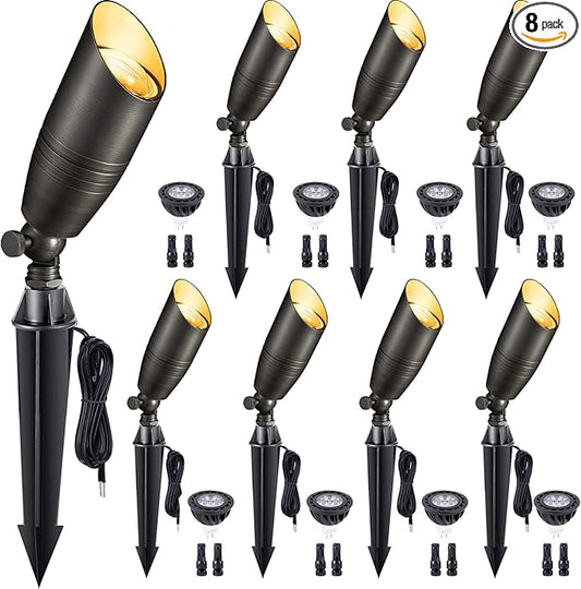 Spot Light Brass - Outdoor Landscape Spotlights LED, 12V Low Voltage Landscaping Uplights Hard-Wired, All Weather Bronze for Backyard Lawn with Warm White Changeable Bulbs (8 Pack)