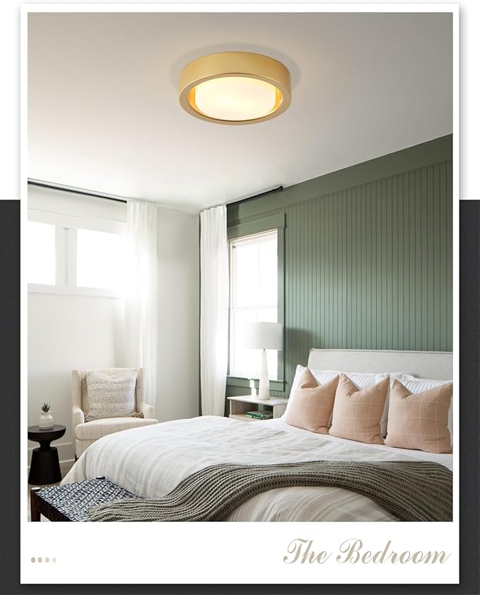 13 Inch Flush Mount Ceiling Light,Gold Finish Plate with Frosted Glass Shade,Round Ceiling Lighting Fixture for Hallway Bedroom Closet Livingroom Kitchen Stairwell (Gold)