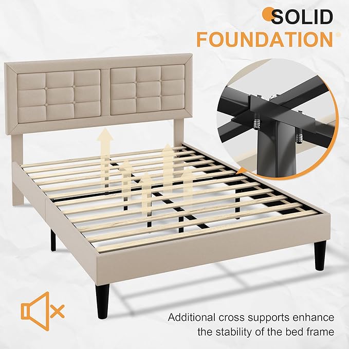 VECELO Full Size Bed Frame with Adjustable Headboard, Upholstered Button Tufted Platform Bedframe with Wood Slats Support, No Box Spring Needed, Beige