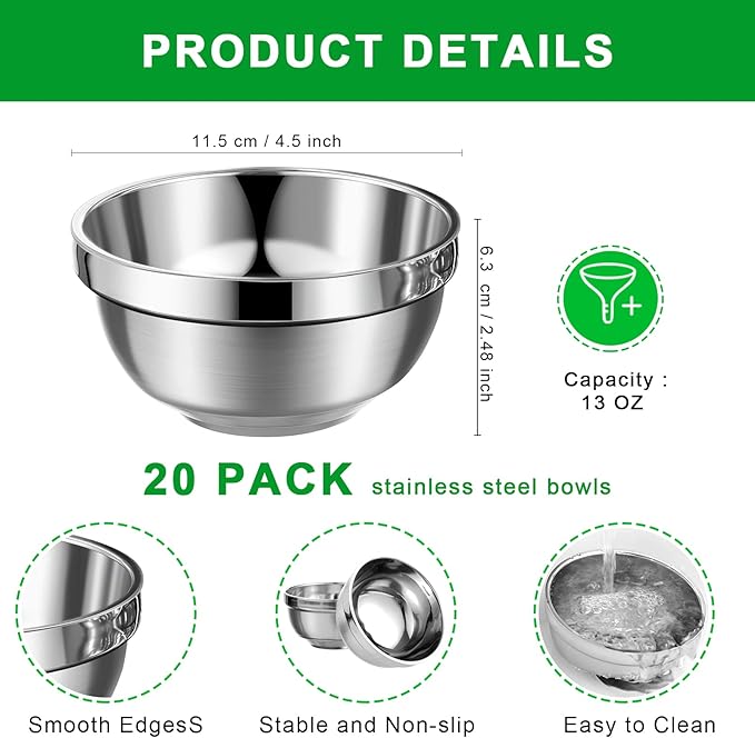 20 Pack 304 Stainless Steel Bowls Set 13oz Metal Double Walled Insulated Snack Mixing Lightweight Multipurpose Toddler Dinner Bowls for Ice Cream, Cereal, Snack