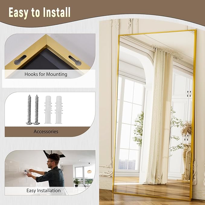 GLSLAND-38 x 77" Rectangular Full Length Mirror - Large Floor Mirrors Aluminum Alloy Frame Full Body Dressing Mirror for Bedroom, Living Room,Gold