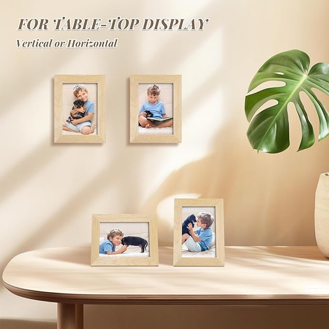 KINLINK 3.5x5 Picture Frame Natural, Solid Wood Frames with Plexiglass for Table Top and Wall Mounting, Photo Frames for Horizontal or Vertical Display, 4 Pack