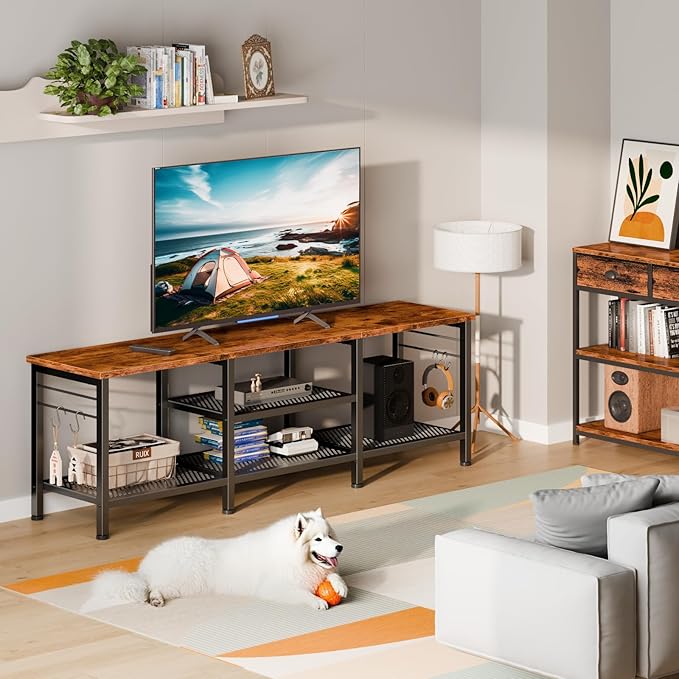 Furologee TV Stand for TVs up to 65 Inch, Entertainment Center with Open Storage Shelves, 55 Inch Television Stands with Soundbar Shelf for Living Room, Bedroom, Rustic Brown