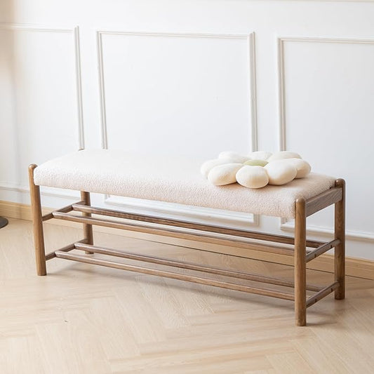 Solid Wood Entryway Bench with Shoe Storage, Rustic Oak Wood and Sherpa Fabric 45 Inch Long Seating for Living and Dining Rooms, 3-Tier White