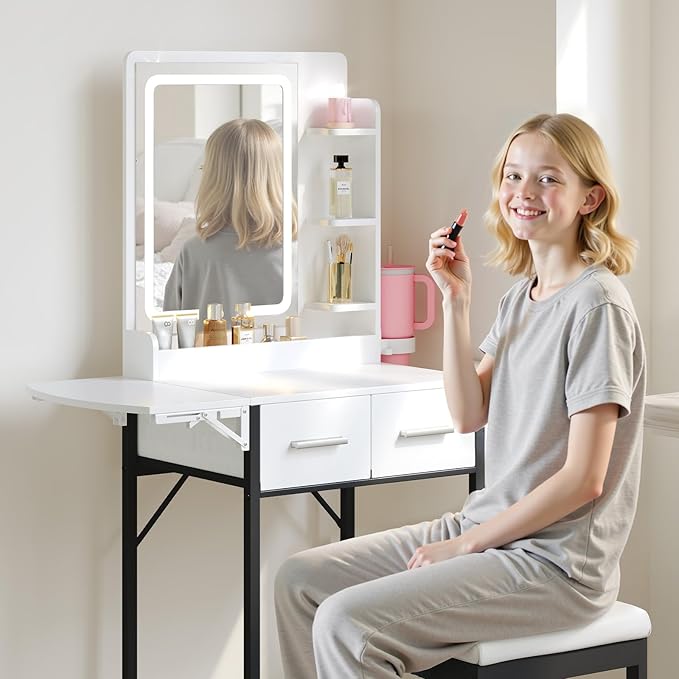 Small Vanity Desk for Mini Space: Compact Makeup Table Set for Tiny Bedroom - Space Saving Vanity for Girls