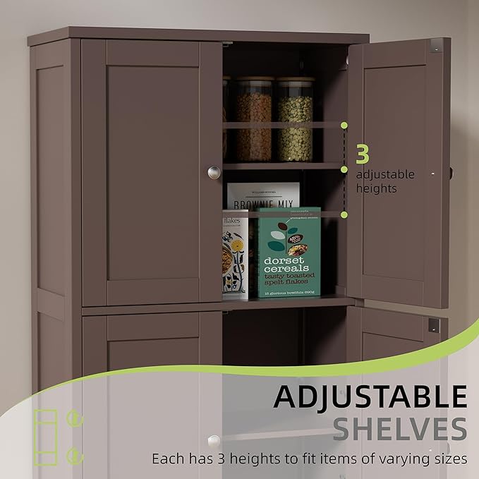 Vongrasig Bathroom Floor Storage Cabinet, Modern Storage Unit with 4 Doors and Adjustable Shelves, Freestanding Sideboard Cabinet for Bathroom, Kitchen, Living Room, Reddish Brown