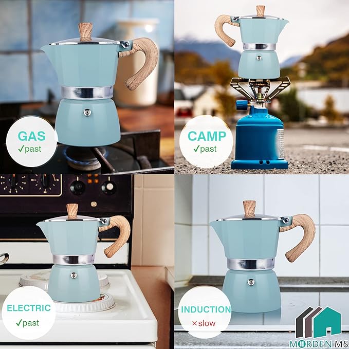 MORDEN MS Moka Pot - Stovetop Espresso Maker 3 Cup/5 OZ Italian Coffee Maker Camping Coffee Pot Manual Cuban Coffee Percolator for Cappuccino or Latte- Blue