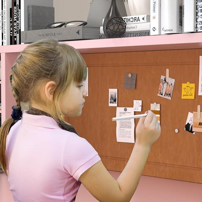 Pink Wooden Kids Fluted Desk and Chair Set,Kids Study Table and Chair Set with 2 Fluted Drawers,Kids Study Desk with 3 Storage Cabinets,Girls Study Desk for Kids with Hutch for Bedroom-Fa2Ox7