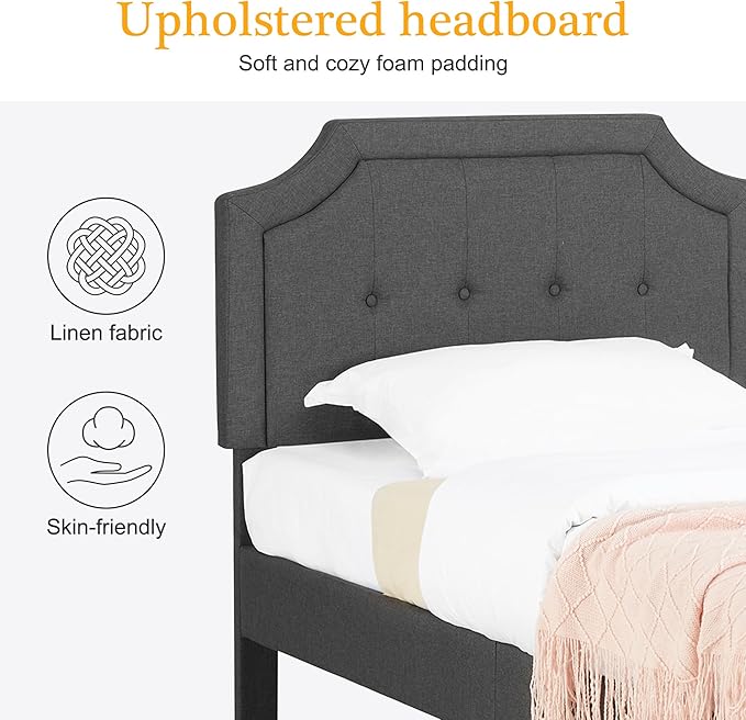 VECELO Twin Upholstered Platform Bed Frame with Adjustable Button Stitched Panel Headboard,Strong Wood Slat Support,Velcro Design,Mattress Foundation/Easy Assembly,Grey